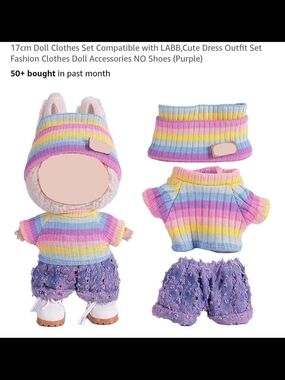 Labubu Rainbow Stripe Doll Outfit Set - Pastel Purple Top & Hat